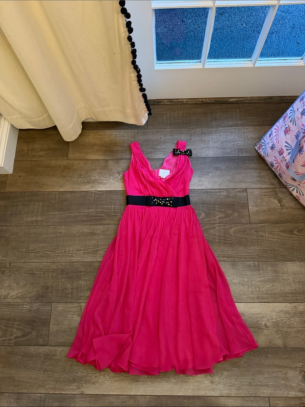 kate spade Hot Pink Sleeveless Chiffon Party Dress with Black Waistband